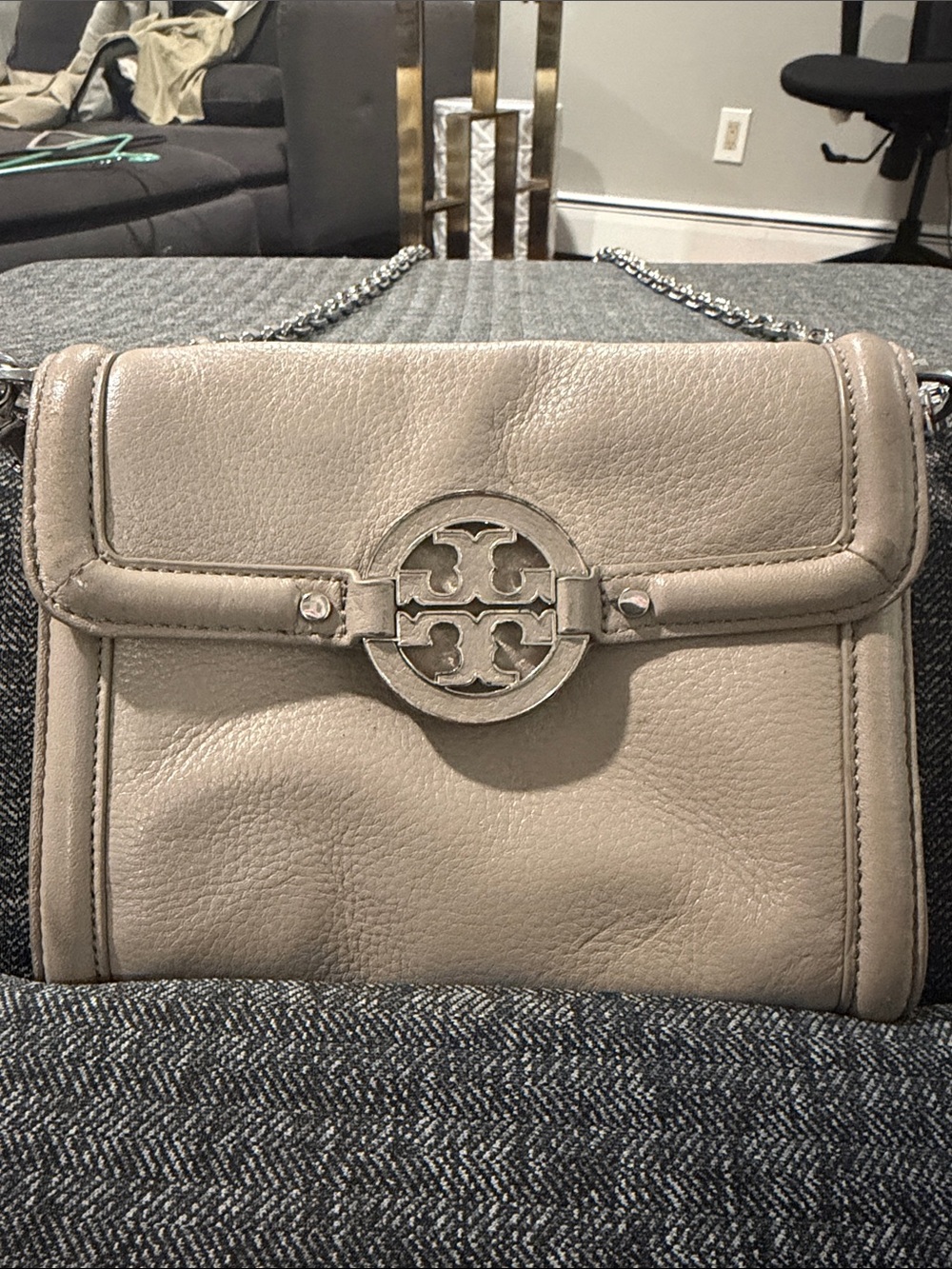 Tory Burch Neutral Taupe Leather Chain Crossbody